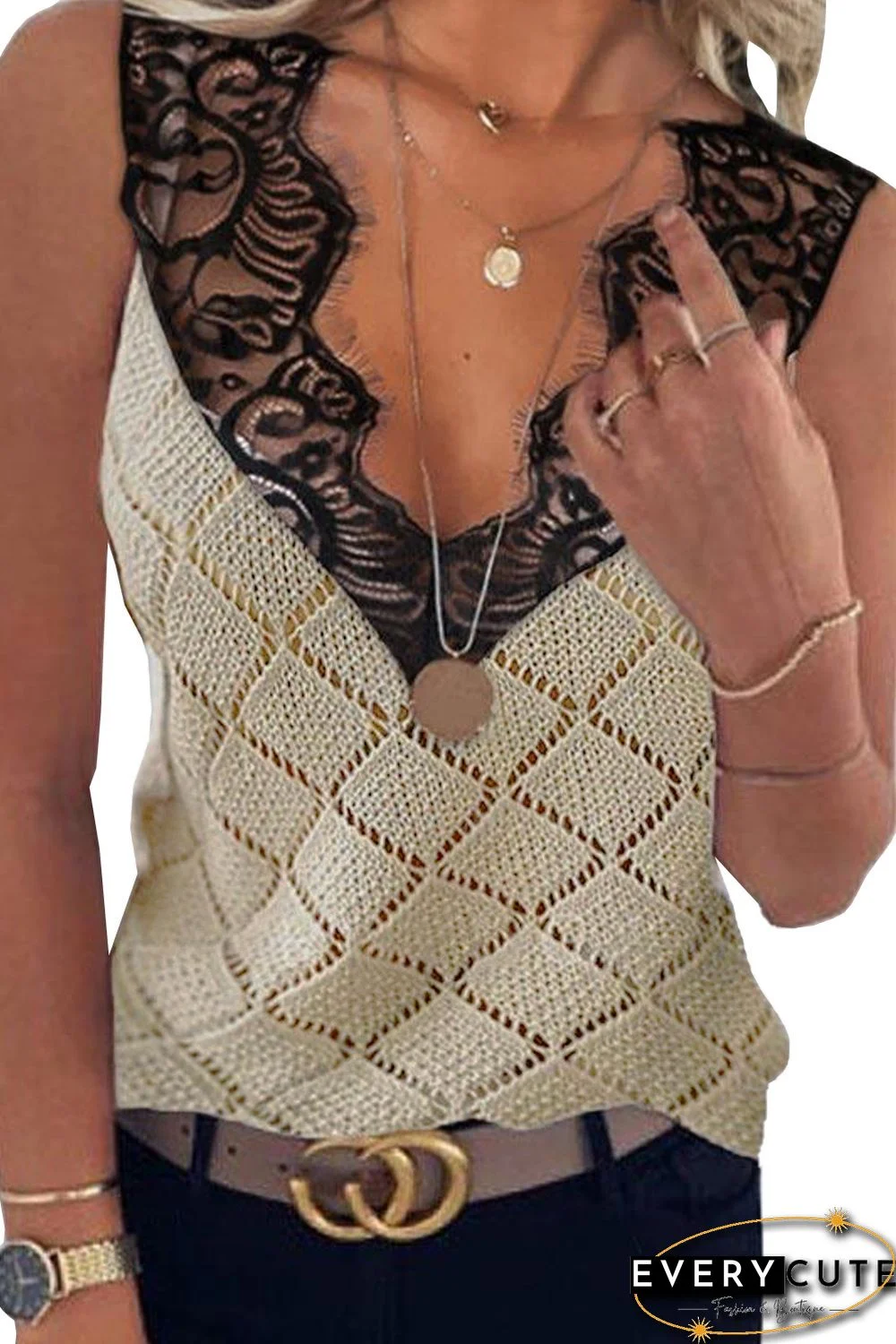 Eyelash V Neck Geometric Diamond Knit Tank Top