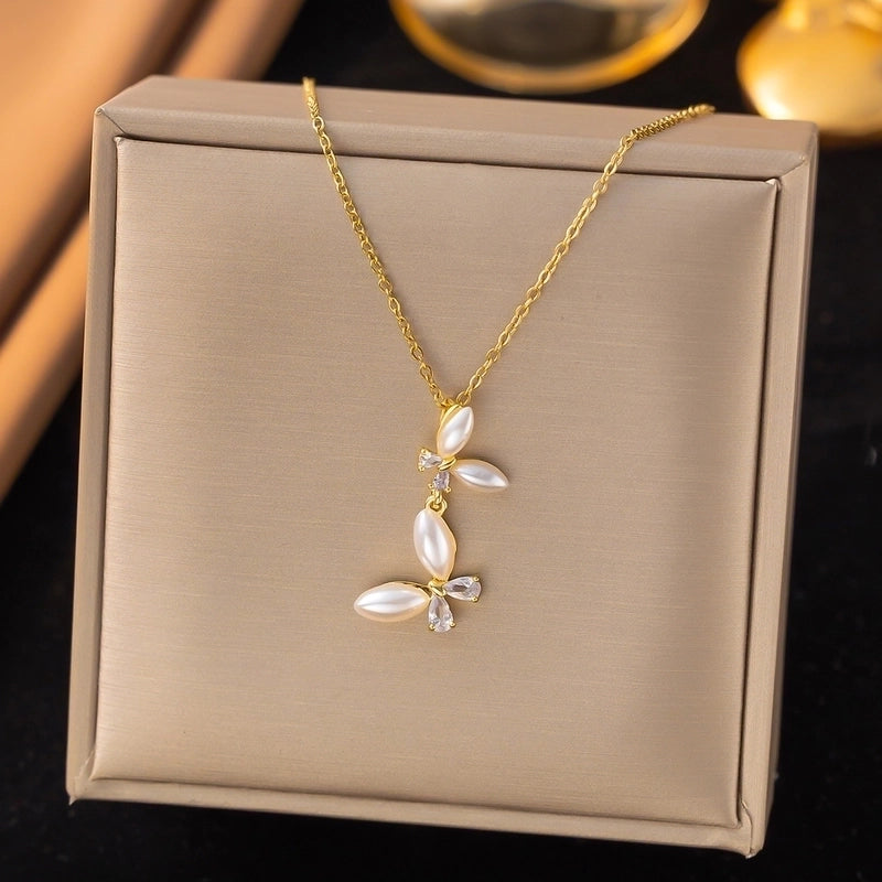 Elegant Shiny Butterfly 316 Stainless Steel  Copper Pearl Zircon Inlay Pendant Necklace