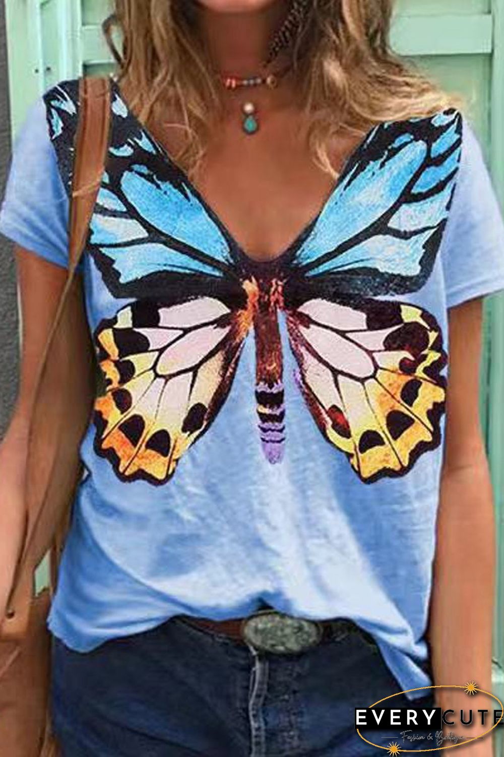 Butterfly Print V-Neck Casual T-Shirt