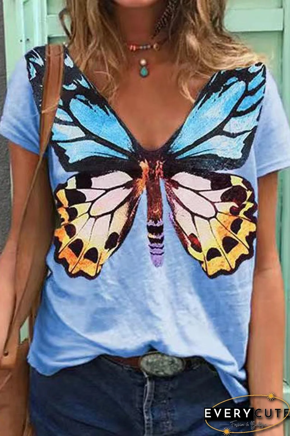 Butterfly Print V-Neck Casual T-Shirt