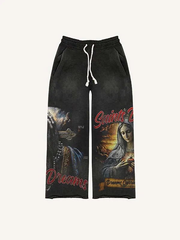 Mary&Pray&Cross&Letter Print Elastic Waist Pants