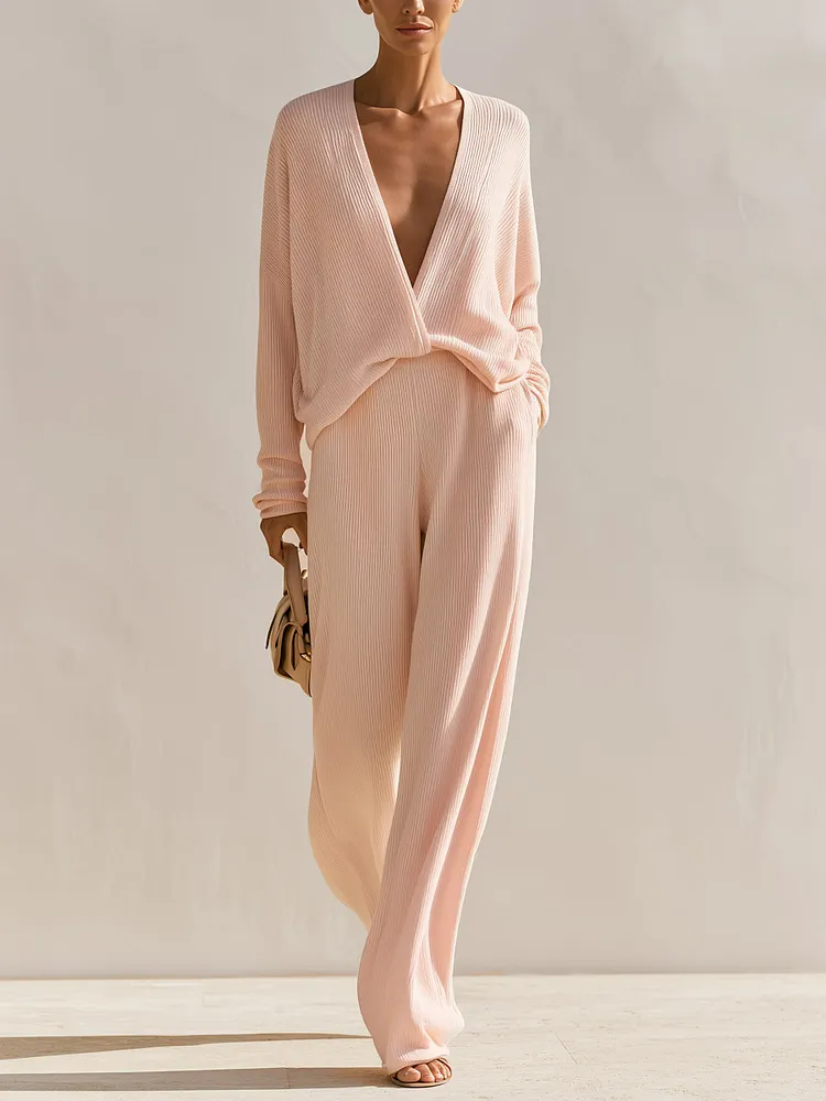 Elegant Ribbed Knit Two-Piece Set &ndash; Draped Wrap Top & Wide-Leg Pants Lounge Ensemble