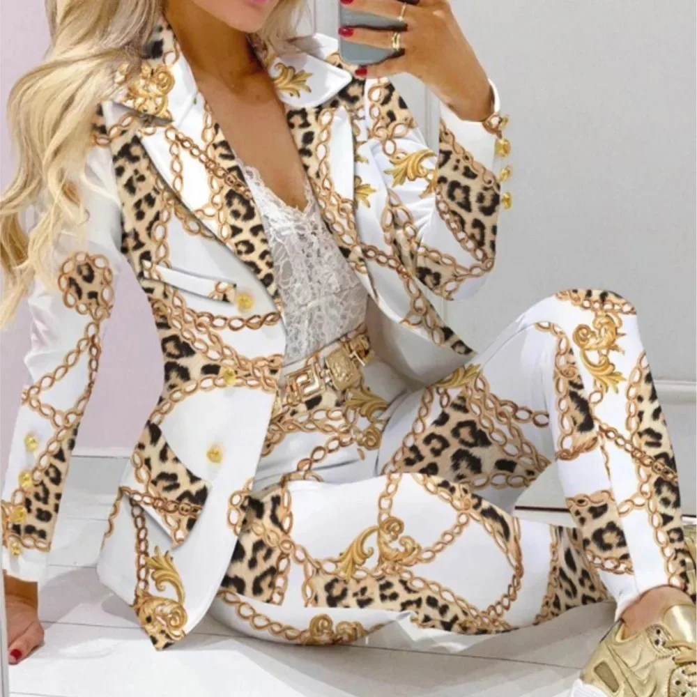 Nigikala Stripe Print Suit Coat Pants Set Office Lady Fashion Elegant Long Sleeve Top Trousers Two Piece Set Women Outfit 2023