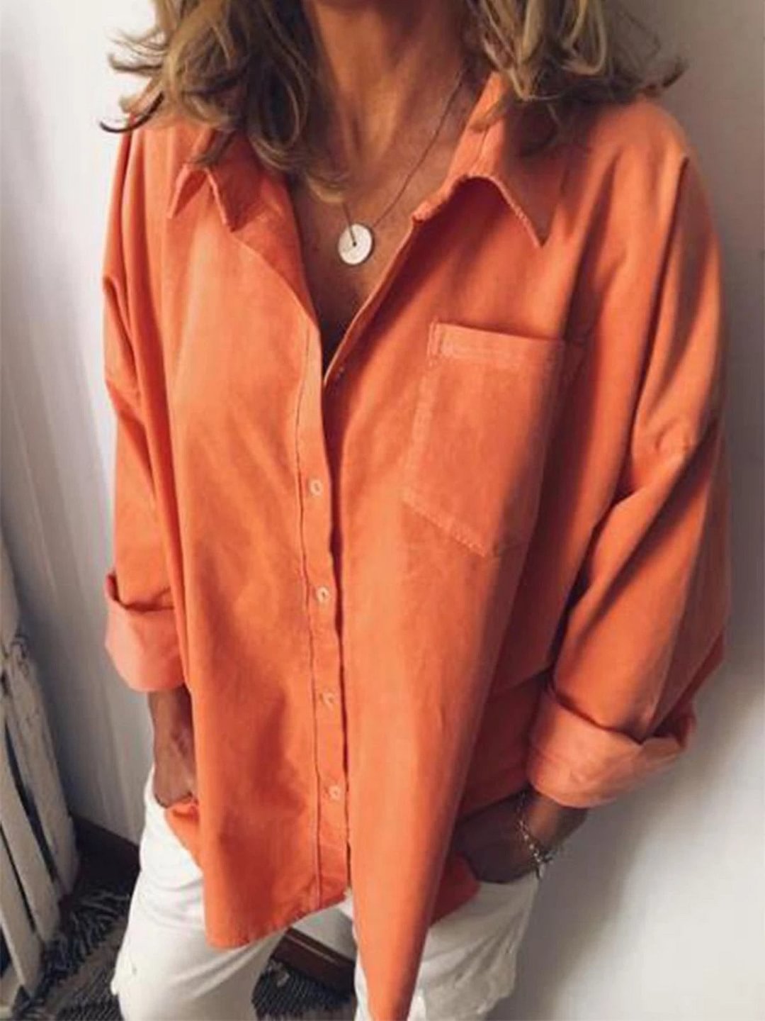 Women's Pure Color Long Sleeveds Casual Shirt Linen Top
