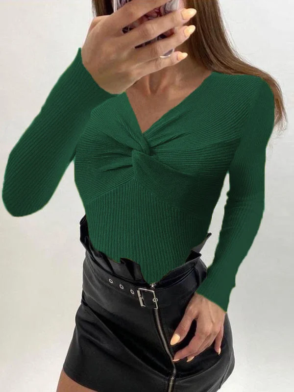 Women Long Sleeve V-neck Solid Knit Sweater Top