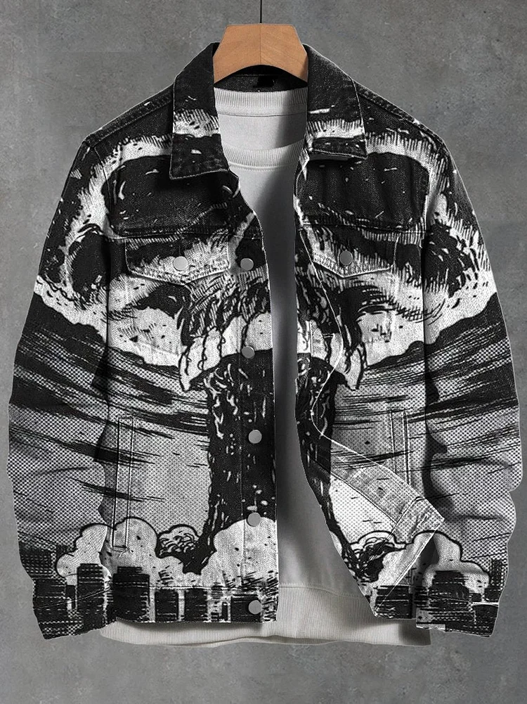 Vintage Dark Black and White Explosion Skull Denim Jacket