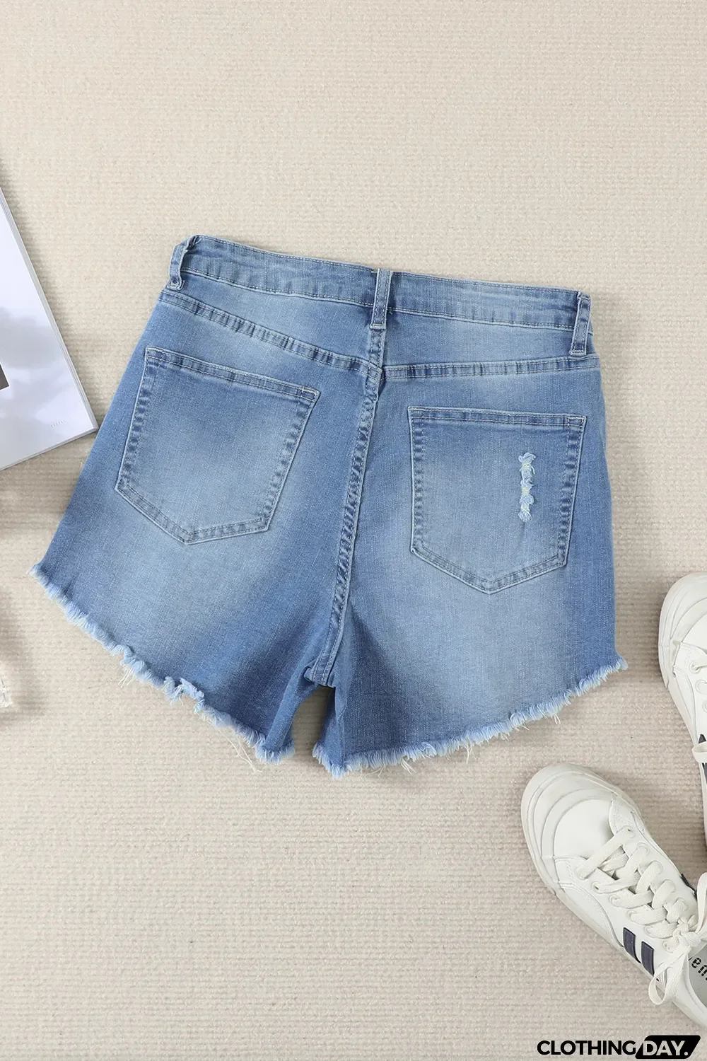 Light Blue Frayed Hem Denim Shorts