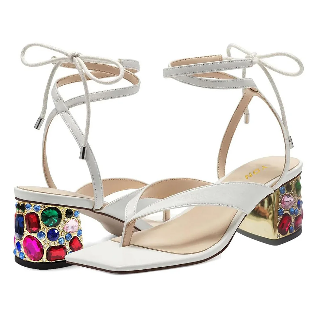 Women's White Square Toe Flip Flop Rhinestone Heeled Summer Sandals