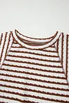 Women's Casual Brown Stripe Textured Knit Split Hem Half Sleeve Loose Top