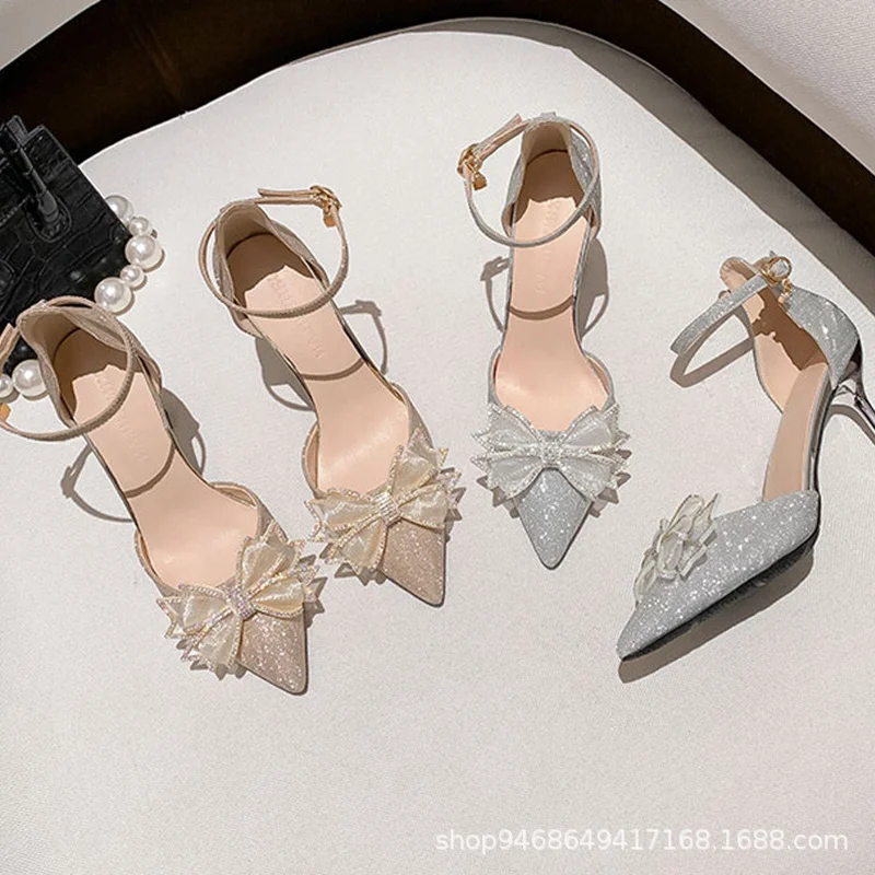 Breakj Breakj Women's Summer 2023 New Baotou Hollow Bow High Heels Fairy Pointed Shoes Princess Wind Dress Shoes