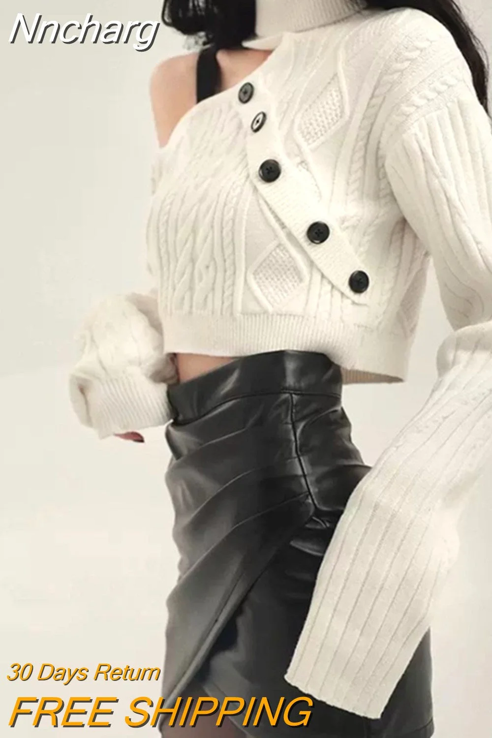 Nncharge Irregular White Turtleneck Hollow Out Pullover High Waist Knitted Off Shoulder Skew Collar Crop Tops Sweaters Y2k Women