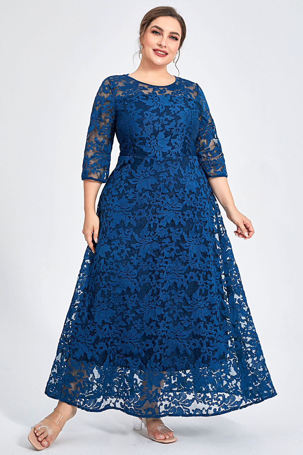 Flycurvy Plus Size Formal Blue Flocking Double Layer Tunic Maxi Dress 2024 - Flycurvy 