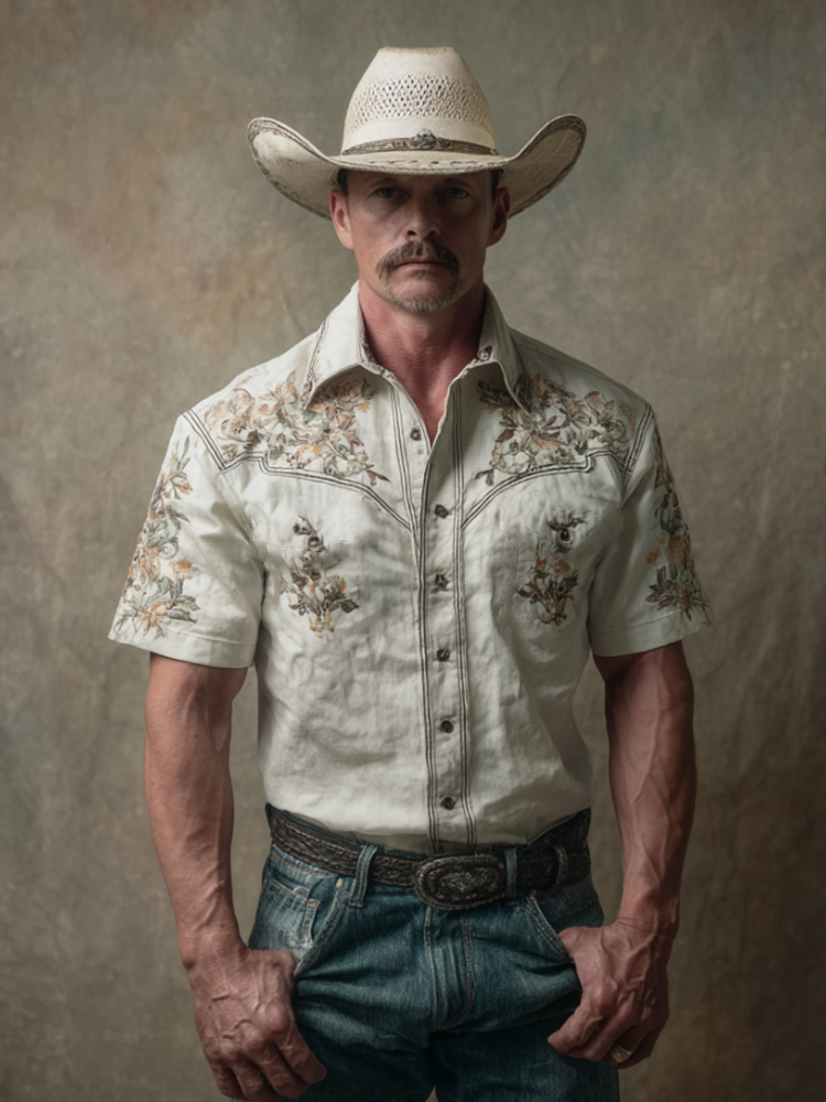 Western-style Embroidered Lapel Short-sleeved Shirt