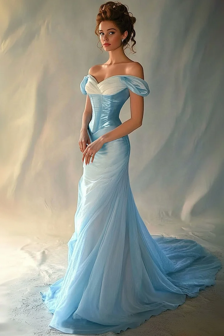 Off The Shoulder Mesh Maxi Dress-Light Blue [Custom-Made]