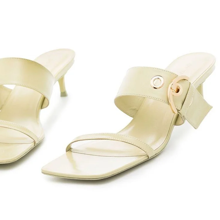 FSJ Beige Square Toe Buckle-Strap Mules Sandals with Kitten Heels |FSJ Shoes