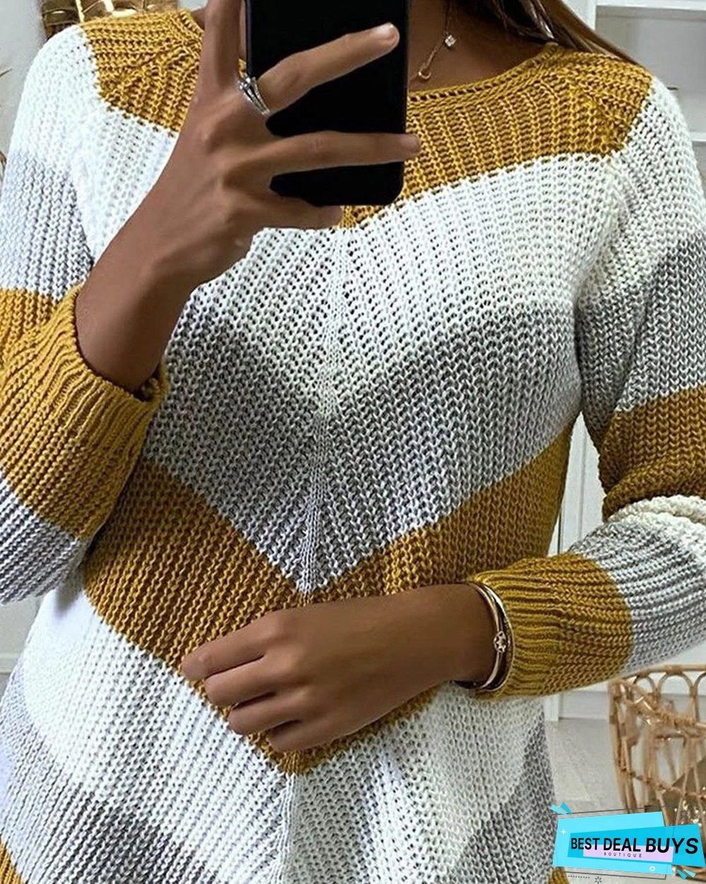 Chevron Pattern Color Block Long Sleeve Knit Sweater