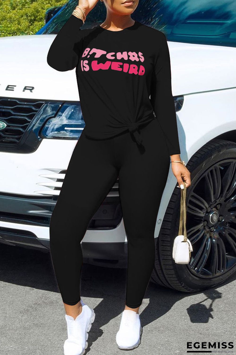 Black Casual Print Patchwork O Neck Long Sleeve Two Pieces | EGEMISS