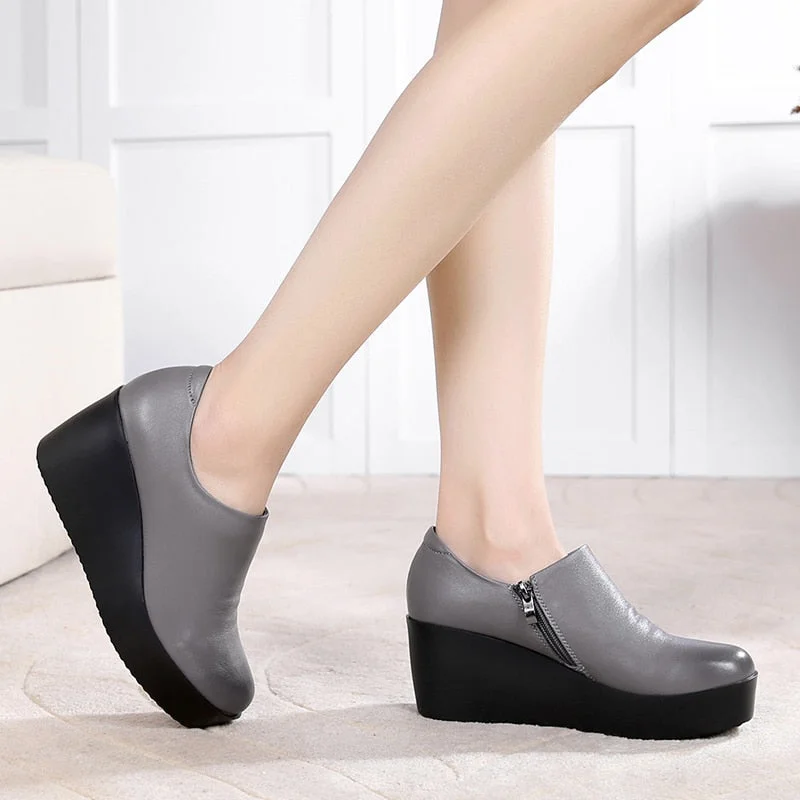 GKTINOO 2022 Wedges Women Shoe Spring Autumn Slip-On High Heels Round Toe Genuine Leather Casual Ladies Platform Shoes Woman