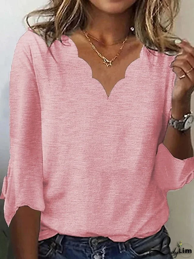 Regular Plain V Arm Length Blue Neck White 3/4 - Women's Pink T-Shirt Fit