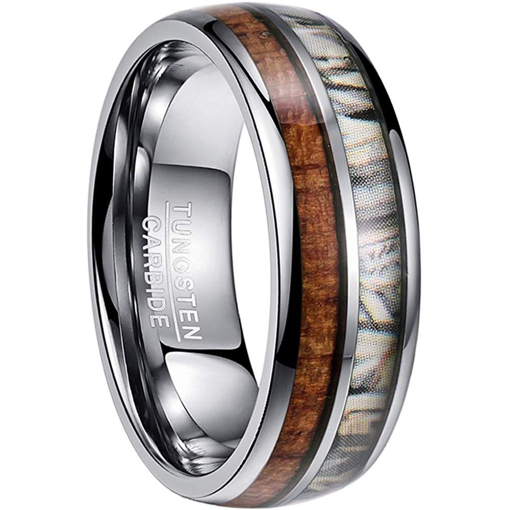 6MM 8MM 10MM 12MM Mens Women Wood and Camo Inlay Tungsten Matching Wedding Ring Couple Engagement Band Comfort Fit Men Womens Rings