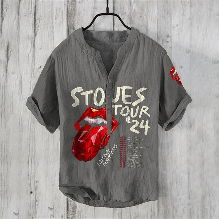 Comstylish Vintage Stones 2024 Hackney Diamond Tour Fun Lip Print Linen Blend Shirt