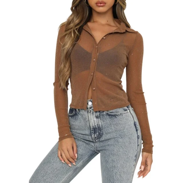 Solid Color Turn-Down Collar Long Sleeve Tops See-Through Blouse