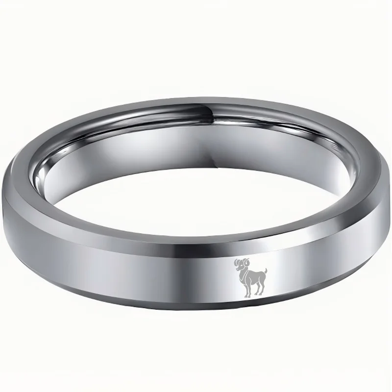 Sliver Aries Couple Wedding Bands Beveled Edges Laser Etched Tungsten Carbide Rings 4MM 6MM 8MM