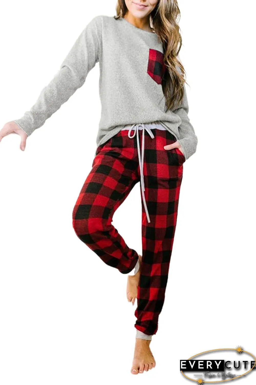 Red Plaid Drawstring Loungewear Set with Pocket
