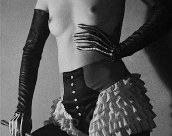 Pornhint 1930's French lingerie advertisement - black & white, multiple sizes - waist corset, black gloves, fetish, bdsm, erotic, risque [730-387]