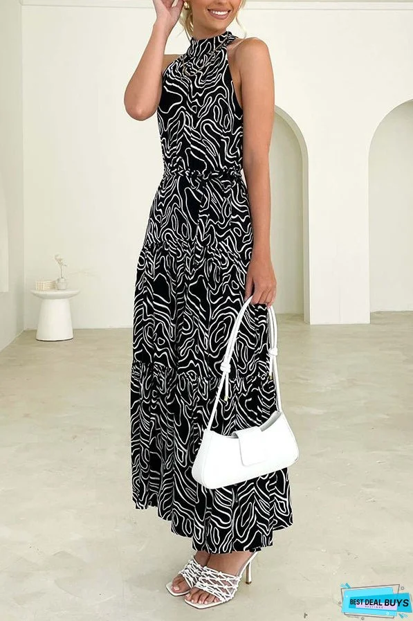 Elegant Loose Fashion Trend Print Lace Up Swing Dress