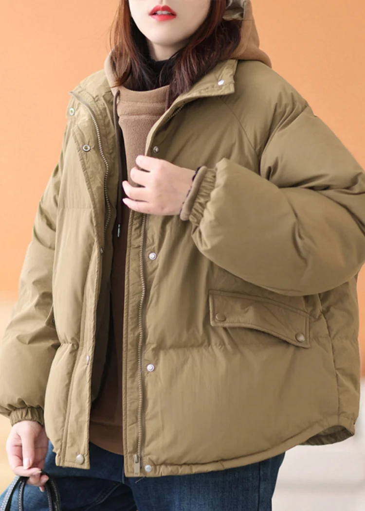 Plus Size Coffee Hooded Zippered Pockets Cotton Filled Parka Winter