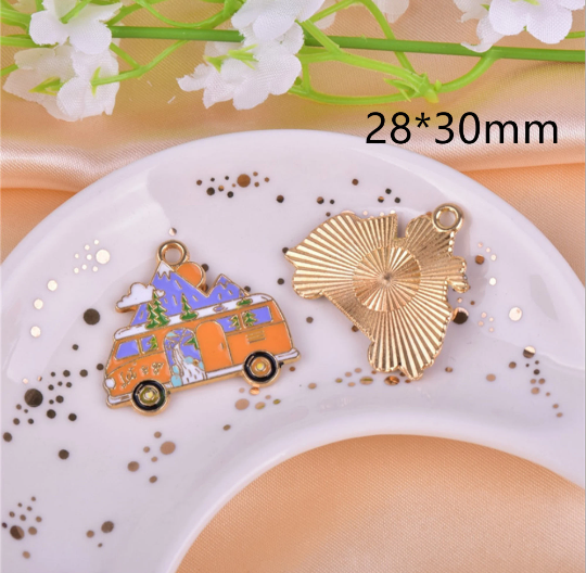 Bulk 10 30 Moon Mountain Charm Enamel Metal Vacation Bus Charm Pendant, Car charms DIY Necklace Bracelet Earring Key chain Jewelry Making