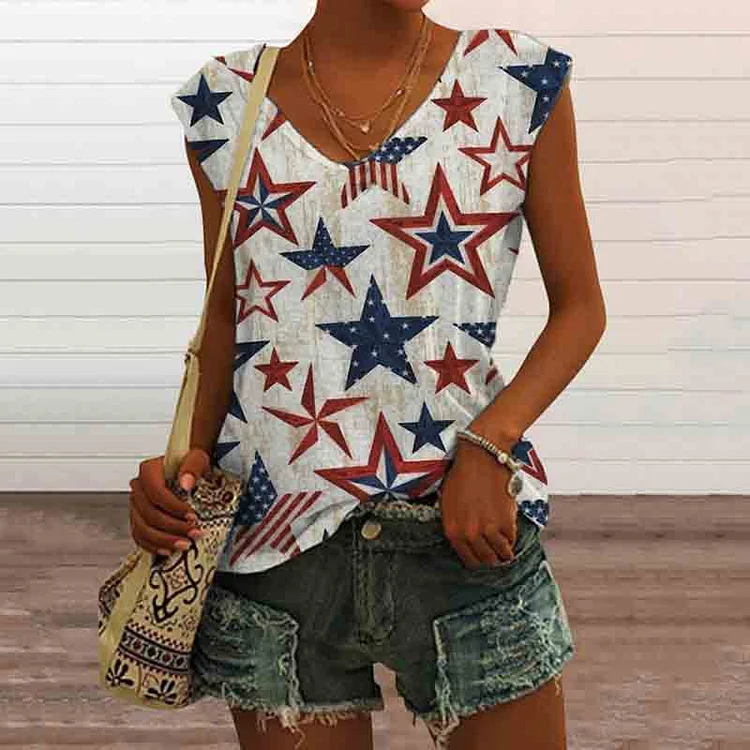 VChics Vintage Star Print V-Neck Sleeveless Tank Top