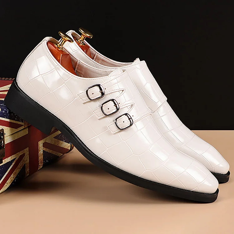 Plaid Faux PU Leather Buckle Trim Pointy Toe Slip On Business Oxfords Shoes