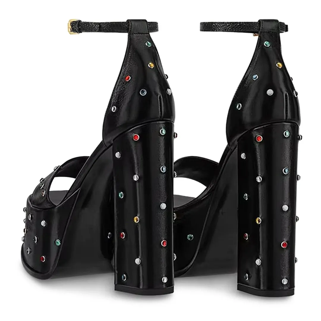 Open Toe Ankle Strap Rhinestone Decor Women's Heel Sandals in Black