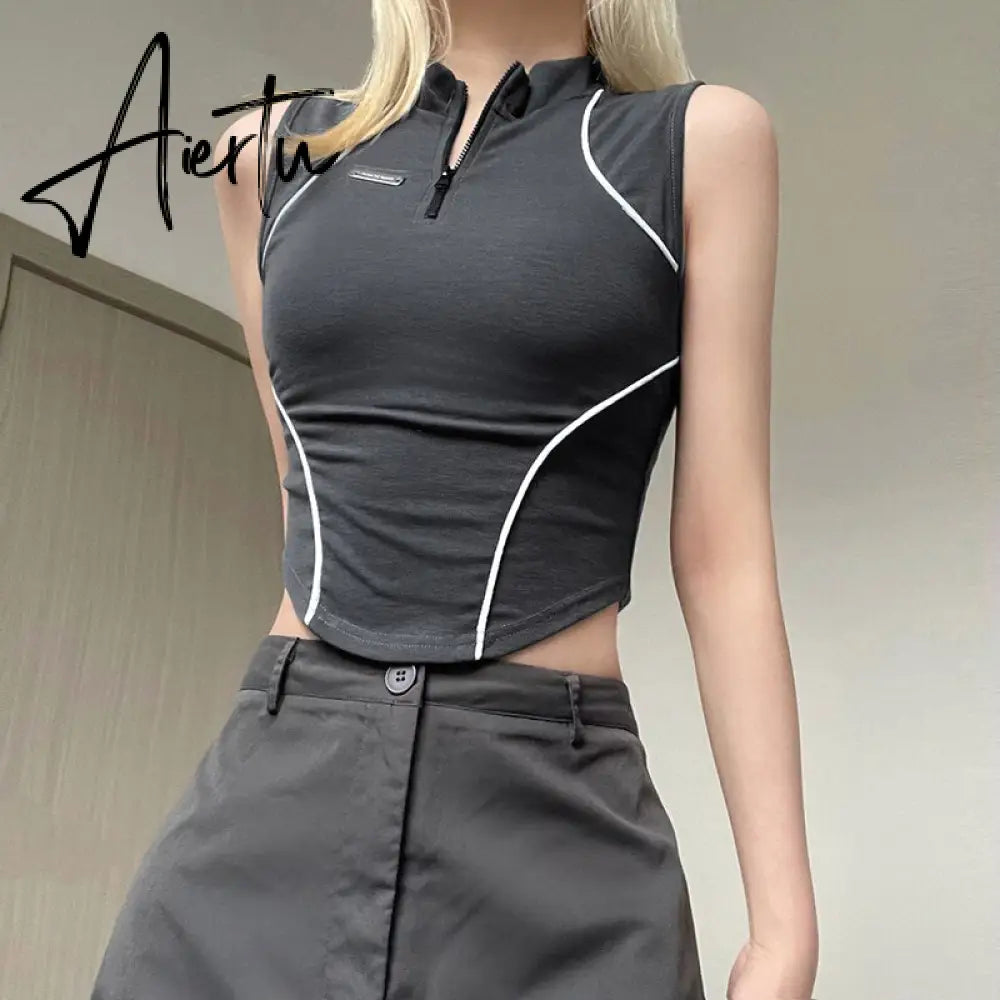 Punk Style Crop Top Zip Up Sleeveless Skinny T Shirt Chic Striped Stitched Body Tees Womens Basic Streetwear Top Summer Aiertu