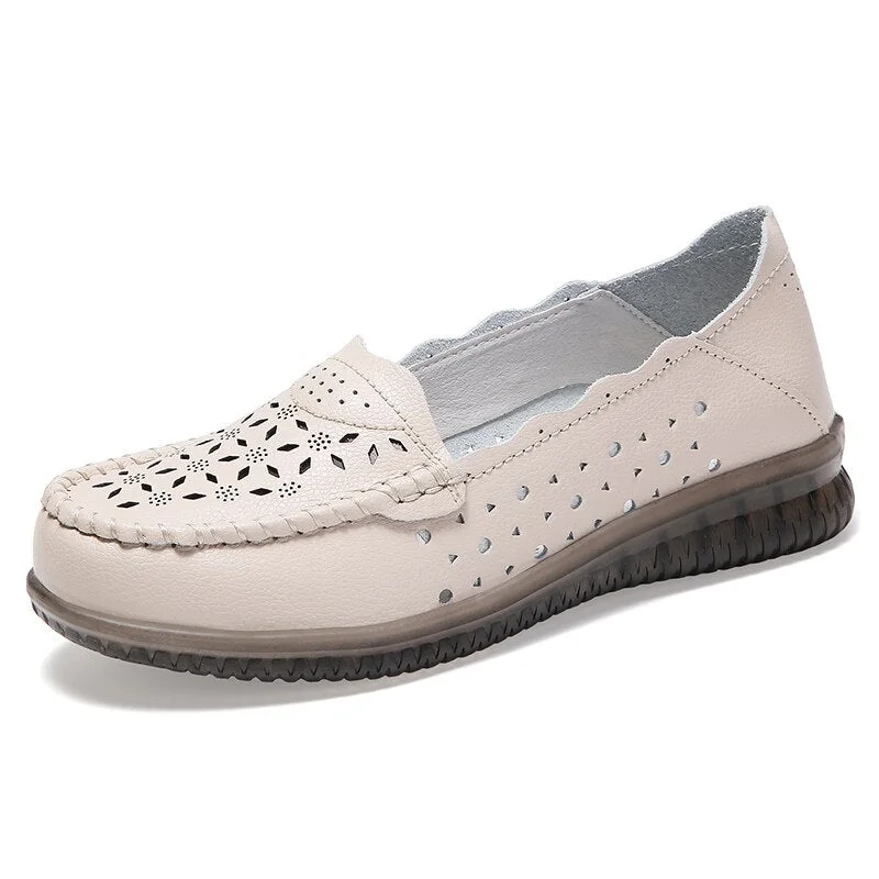 Summer Hollow Women's Casual Shoes Ladies Leather Lofers Breathable Females Flats Shoes Slip-on Soft Moccasins Zapatillas Mujer