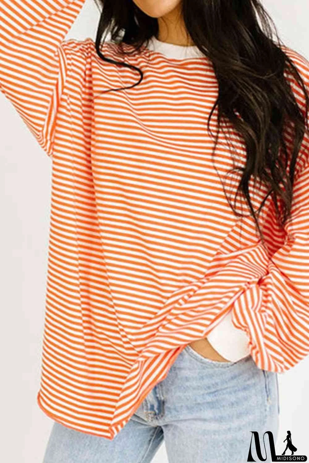 MidiSono - Striped Round Neck Long Sleeve Sweatshirt