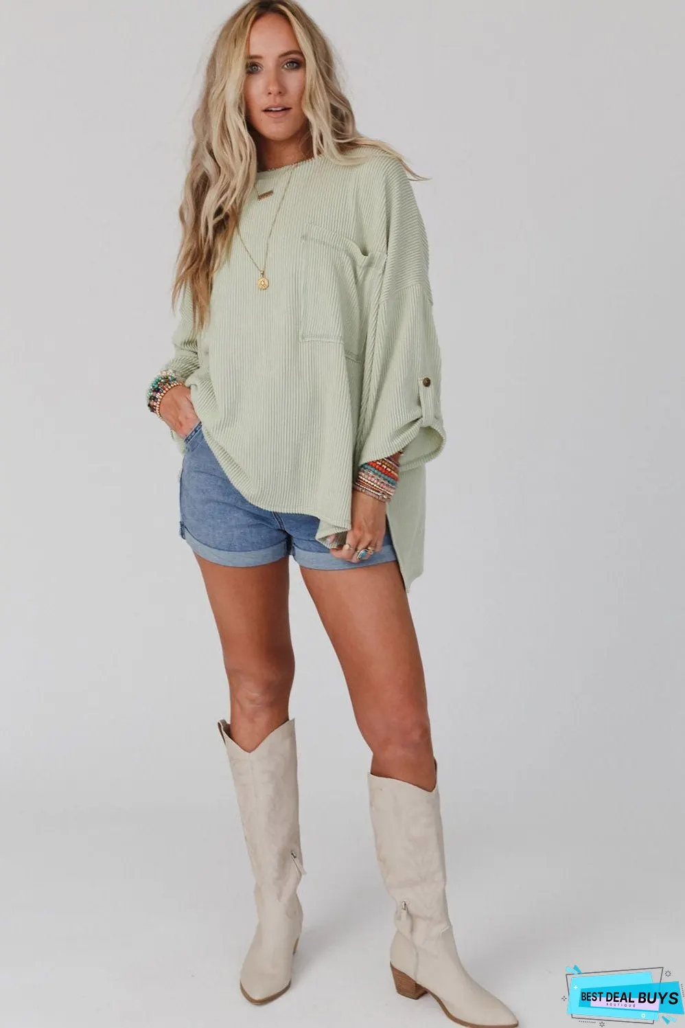 Ribbed Roll-tab Sleeve Oversize Top