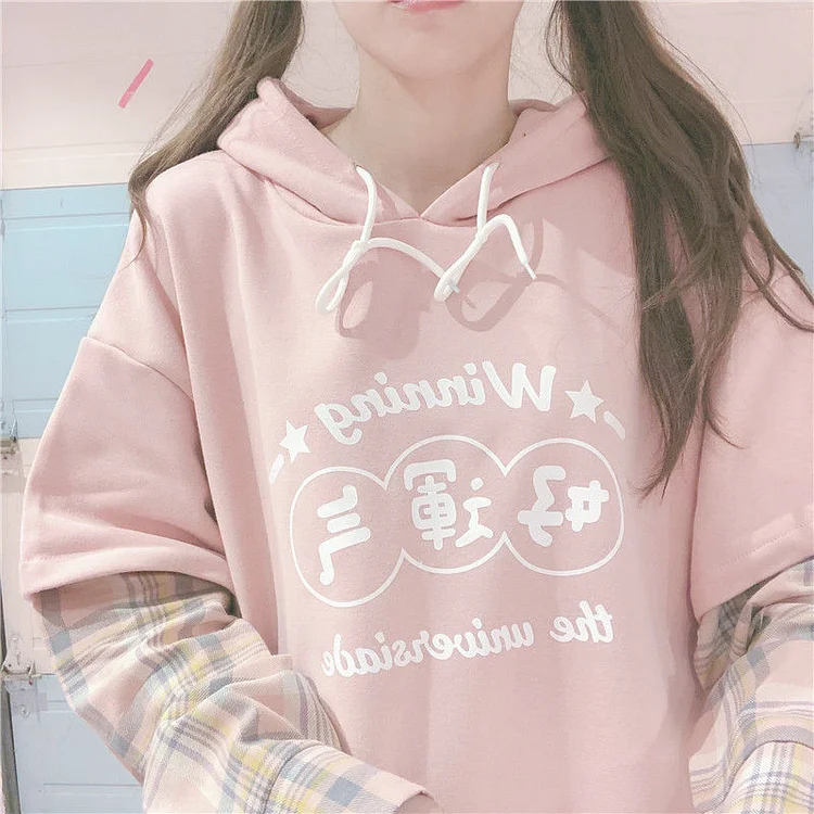 Pastel Pink Patchwork Plaid Hooded Sweatshirt - Gotamochi Kawaii Shop, Kawaii Clothes