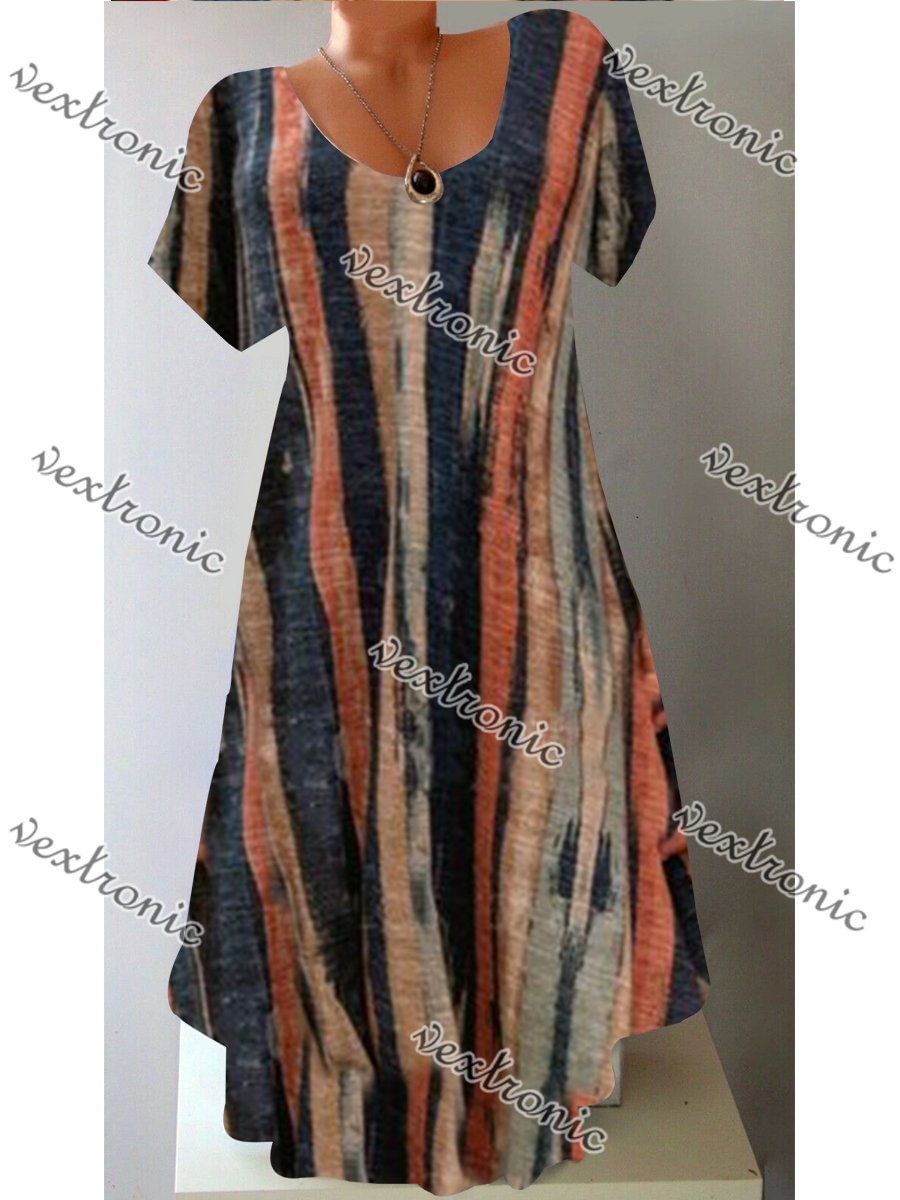 Women's Short Sleeve Scoop Neck Striped Printed Midi Dress