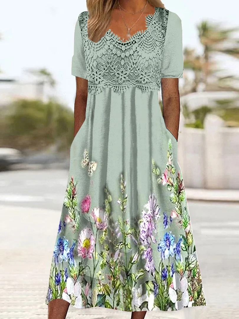 Women's Short Sleeve V-neck Floral Printed Graphic Lace Midi Dress