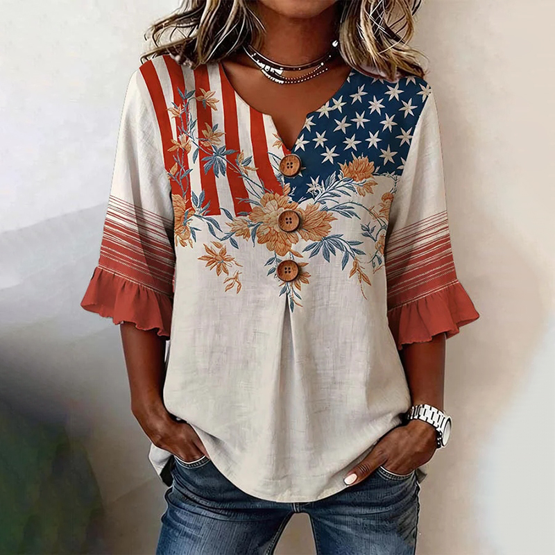 Comstylish Women's Casual Independence Day Floral Print Shirt