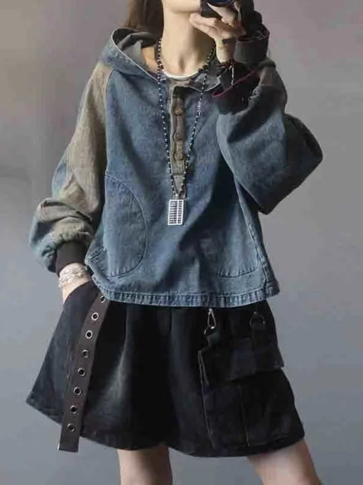 Wongn Retro Contrast Hoodie Denim Sweater Women Loose Short Coat Hoodie In Spring Women Hoodies Oversize Hoodies Hoodies