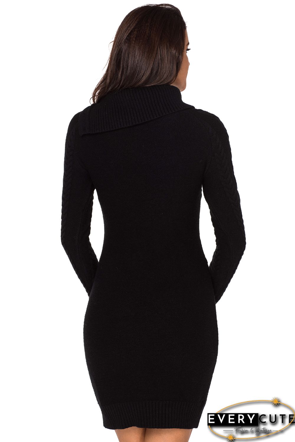 Asymmetric Buttoned Collar Black Bodycon Sweater Dress