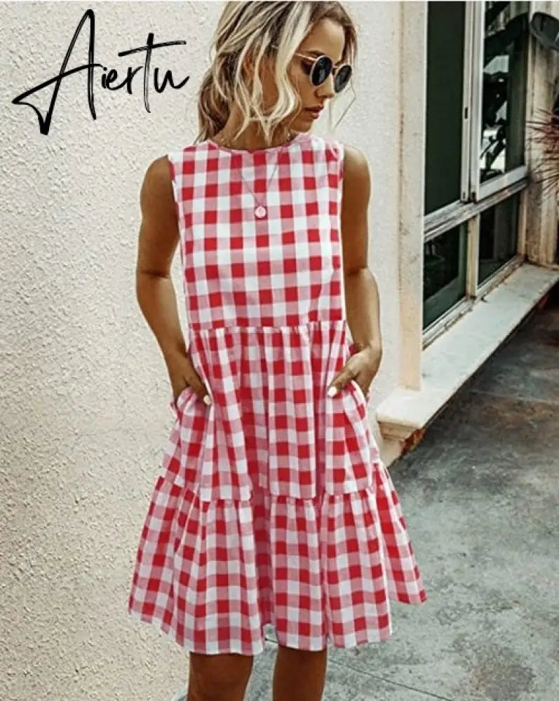Dresses For Women Summer Casual Loose Plaid Print Ruffled Midi Dress Sleeveless Vintage Ladies Dress Vacation Sundress Aiertu