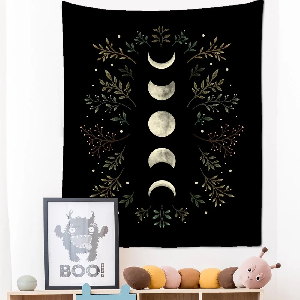 Mysterious Moon Phase Tapestry Wall Hanging Olive Leaf Black Bedspread Bohemian Hippie TAPIZ Home Background Decor