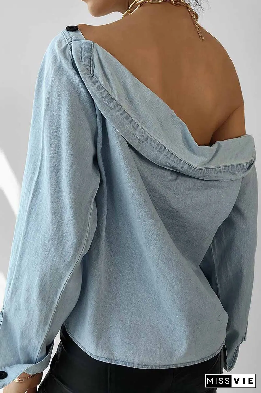Spring Button-Neck Off-Shoulder Long-Sleeved Denim Shirt