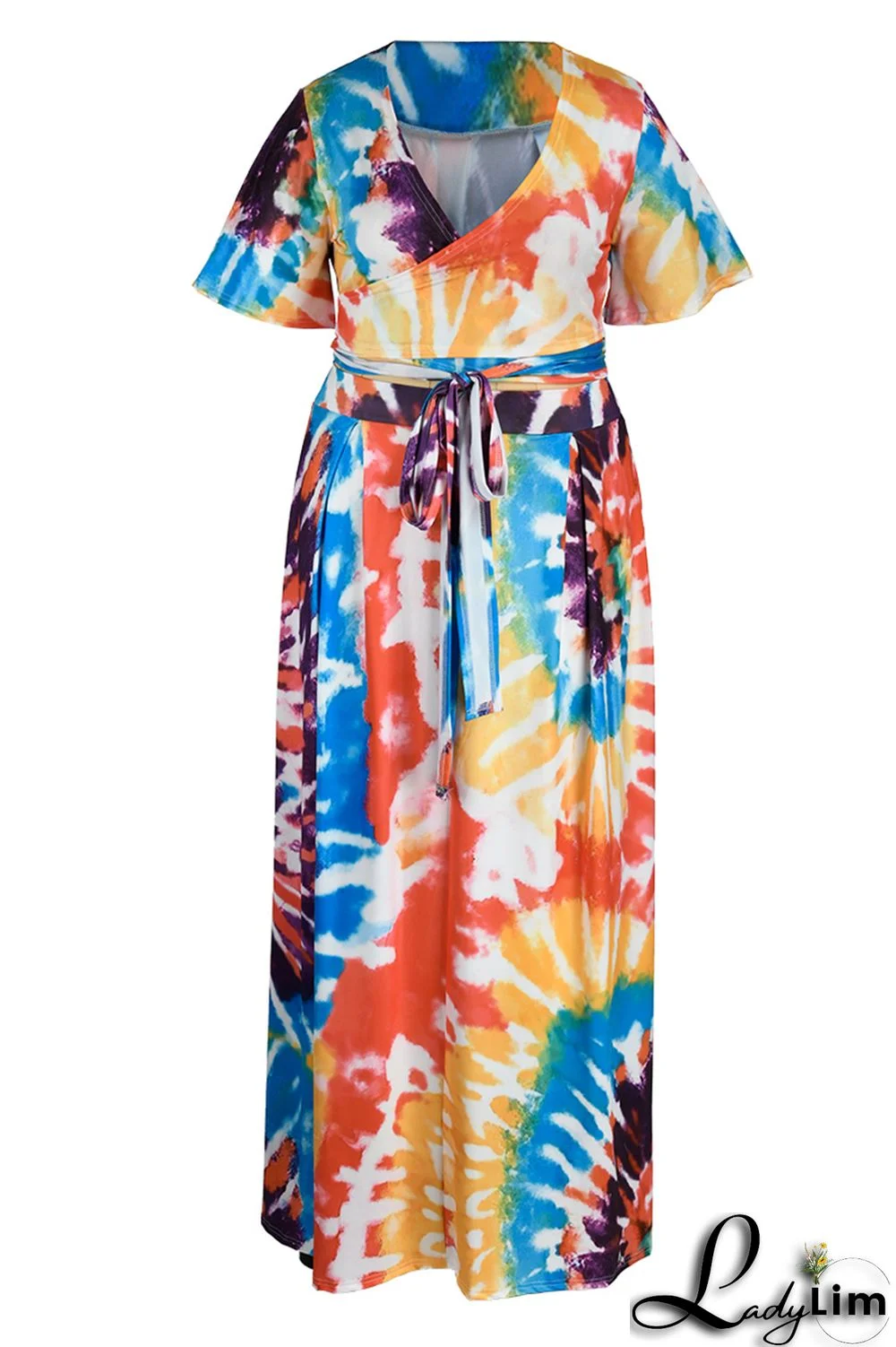 Earth Yellow Fashion Casual Print Bandage V Neck Plus Size Two Pieces