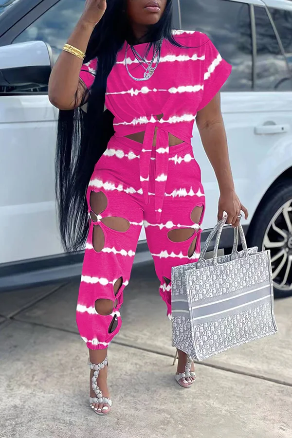 Print Flower Shape Cutouts Pants Set